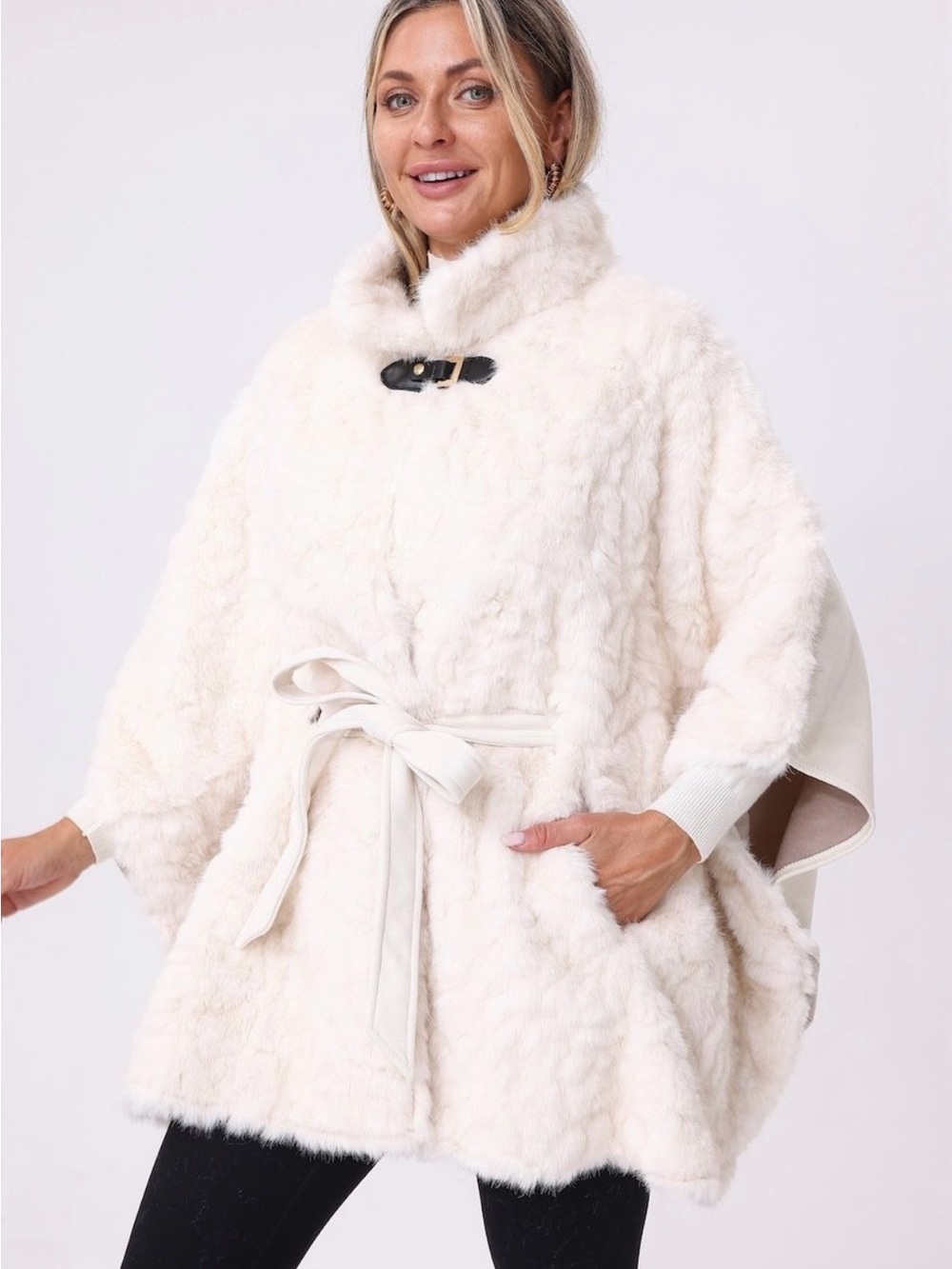 Cozy Cream Faux-Fur Tie-Waist Poncho by